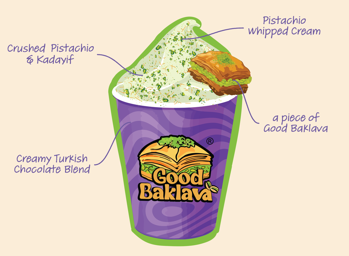 Good Baklava hot chocolate: creamy Turkish chocolate blend, pistachio whipped cream, crushed pistachio and kadayif, and a piece of Good Baklava