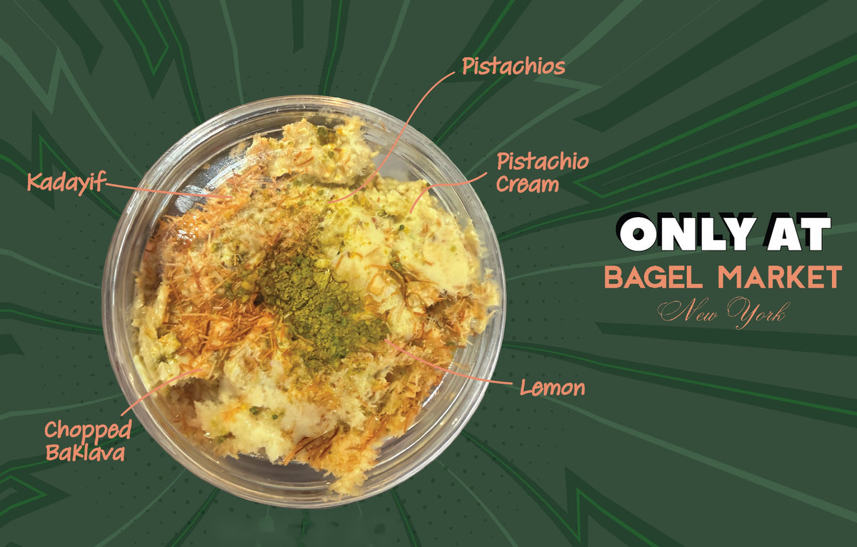 Good Baklava schmear at Bagel Market: pistachio cream, kadayif, chopped baklava, pistachios and lemon